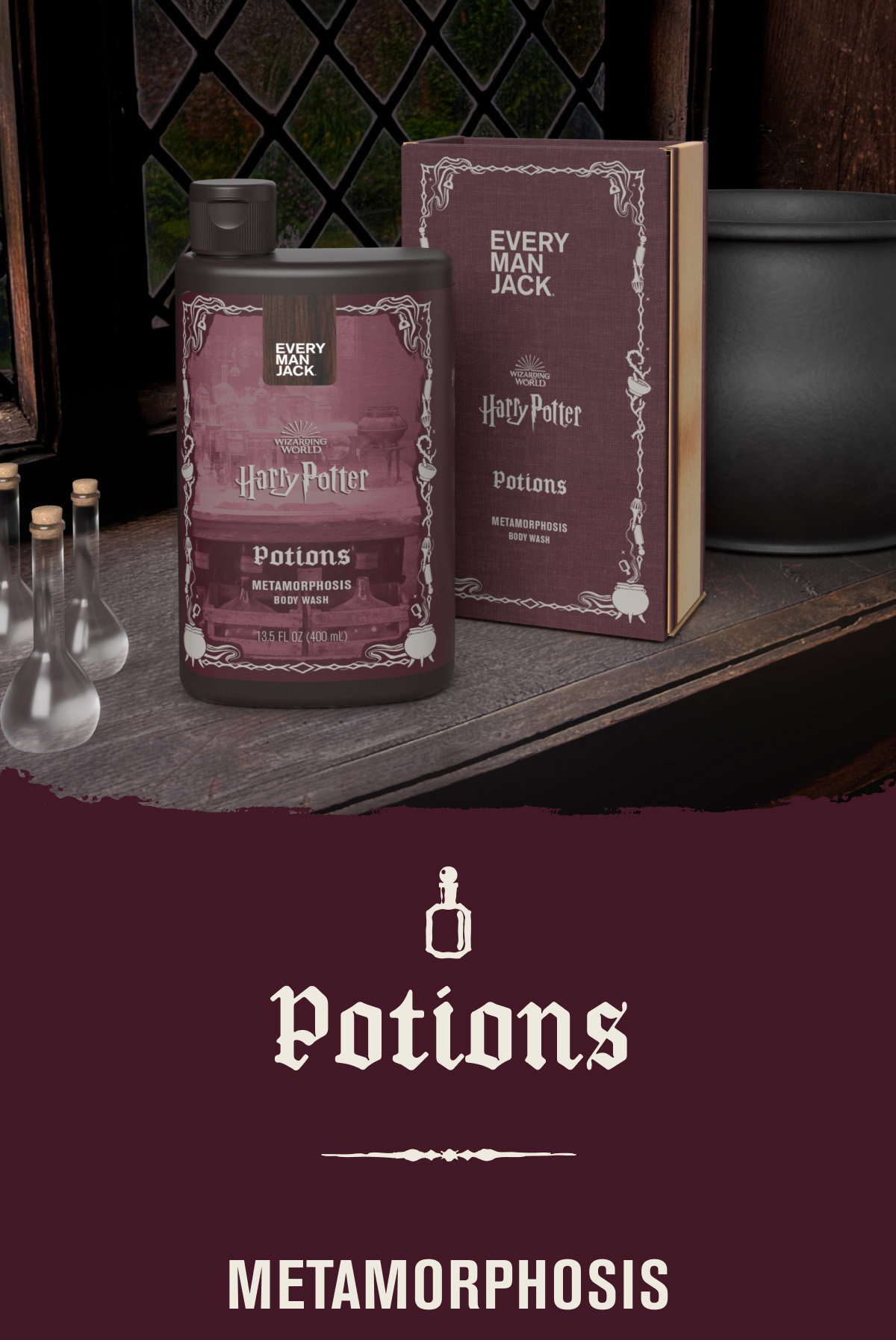Potions: Metamorphosis Body Wash sits on a shelf with a cauldron and glass vials