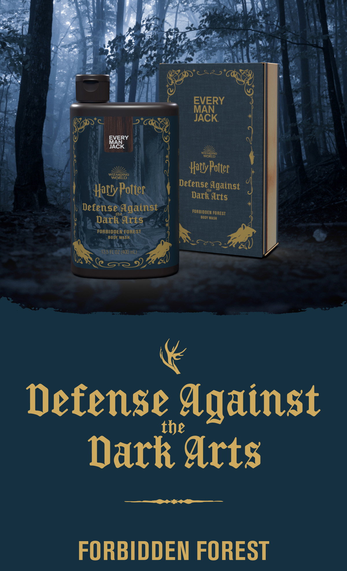 Defense Against the Dark Arts: Forbidden Forest Body Wash in a spooky forest setting