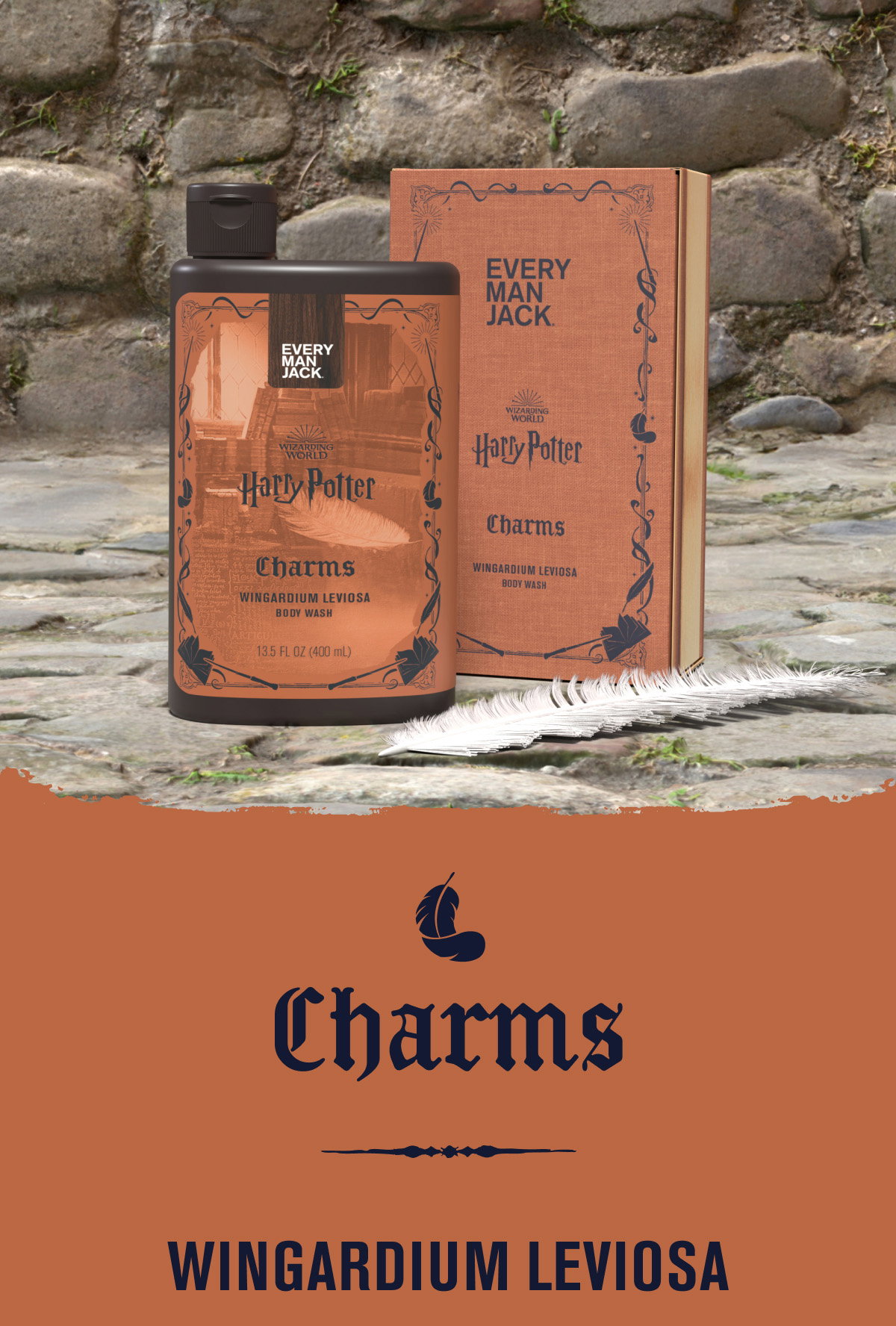 Charms: Wingardium Leviosa Body Wash sits on cobblestones with a white feather nearby