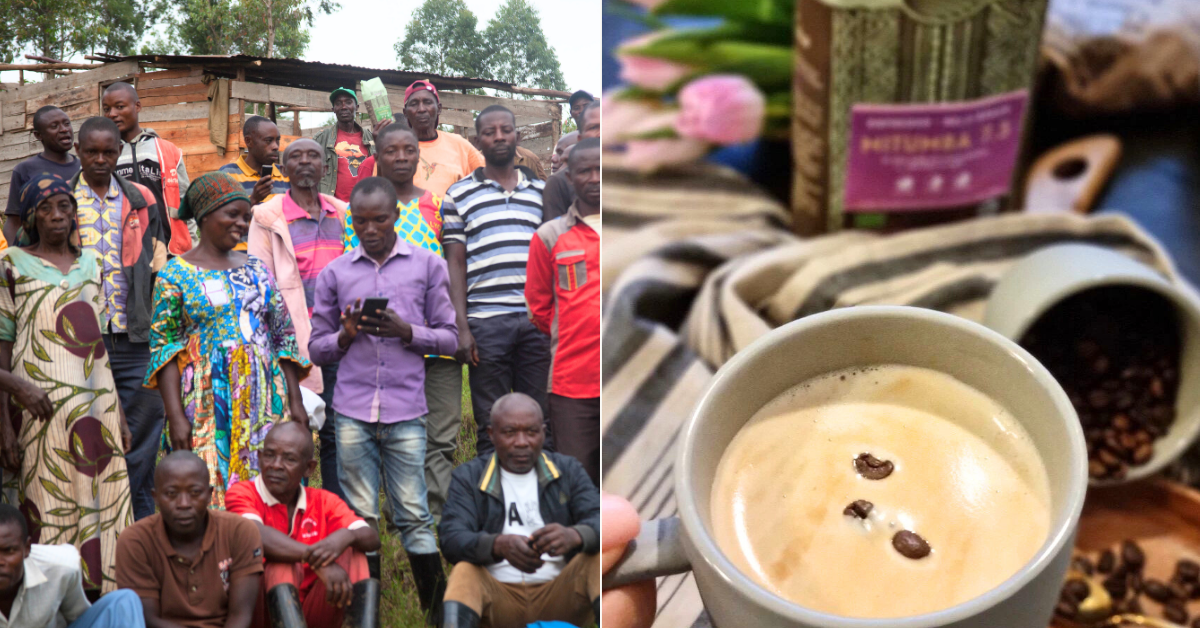 Image of Rutasoka Coffee farmers in Congo and a cup of coffee made with Mitumba Coffee
