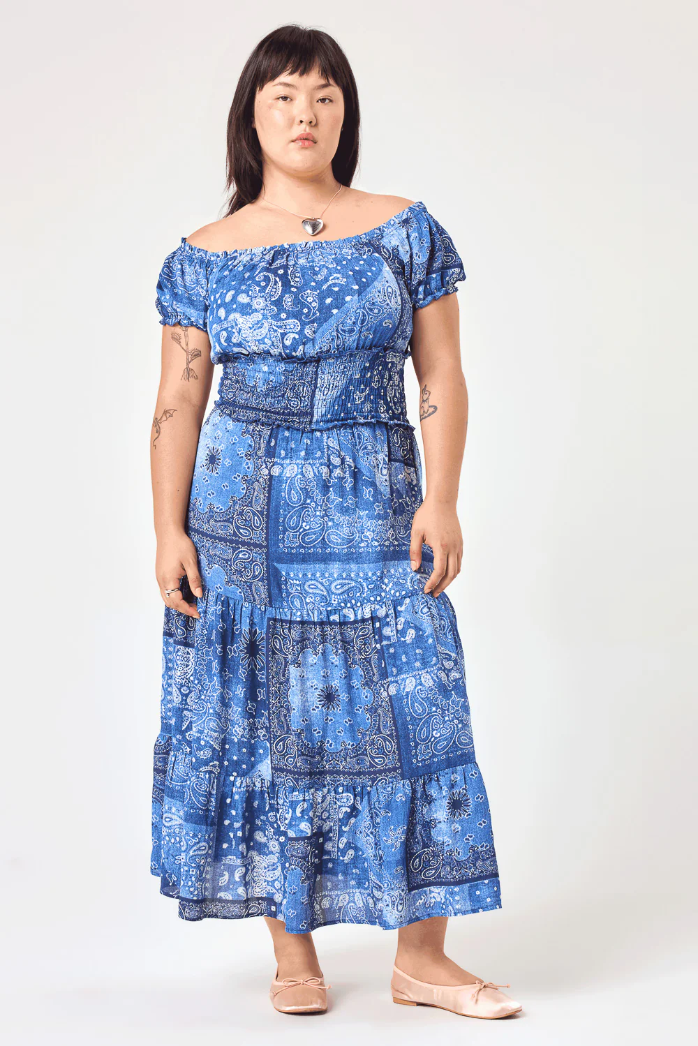 Image of Blue Paisley Patchwork Off Shoulder Midi Dress