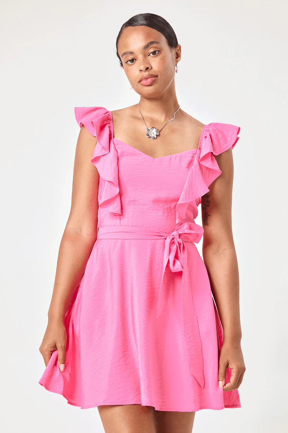 Image of Hot Pink Ruffle Sleeve Tie Waist Dress