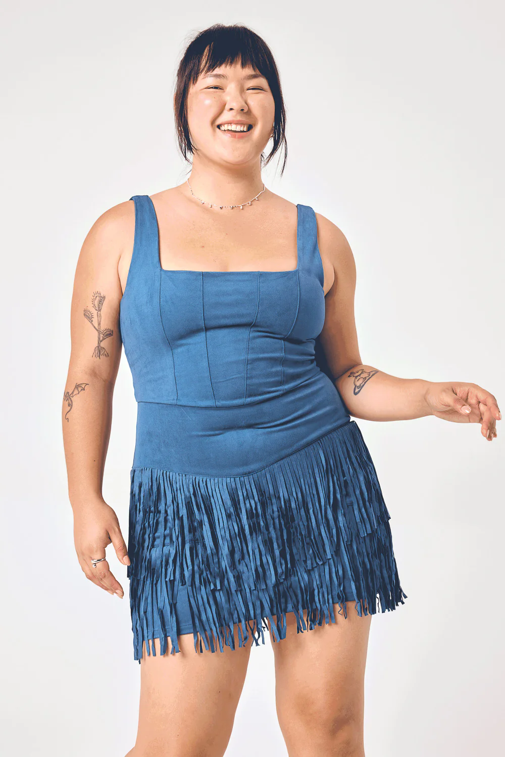 Image of Blue Indigo Suede Corset Fringe Dress