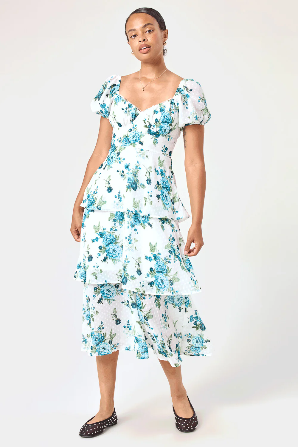 Image of White Blue Floral 3 Tier Ruffle Midi Dress
