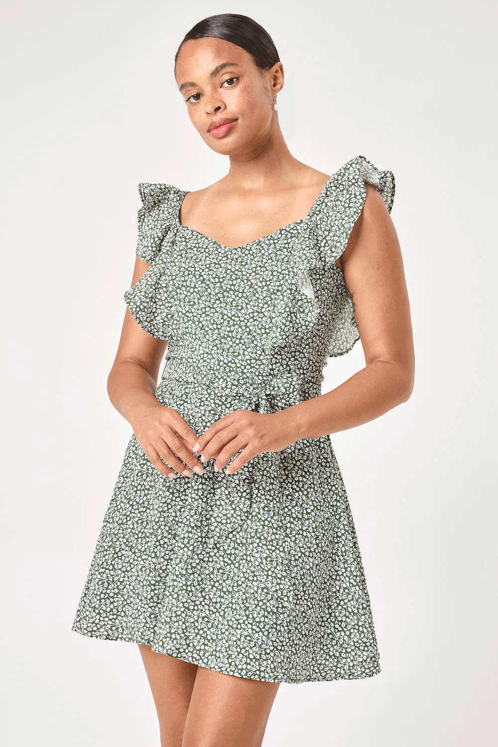 Image of Green Floral Ruffle Sleeve Tie Waist Dress