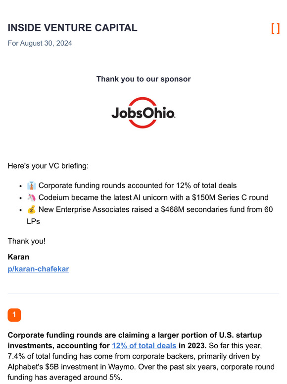 Corporate rounds make up 12% deals / Codeium becomes the latest AI unicorn / NEA raises $468M secondaries fund