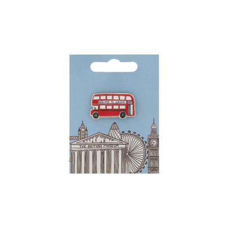 A red London bus pin badge