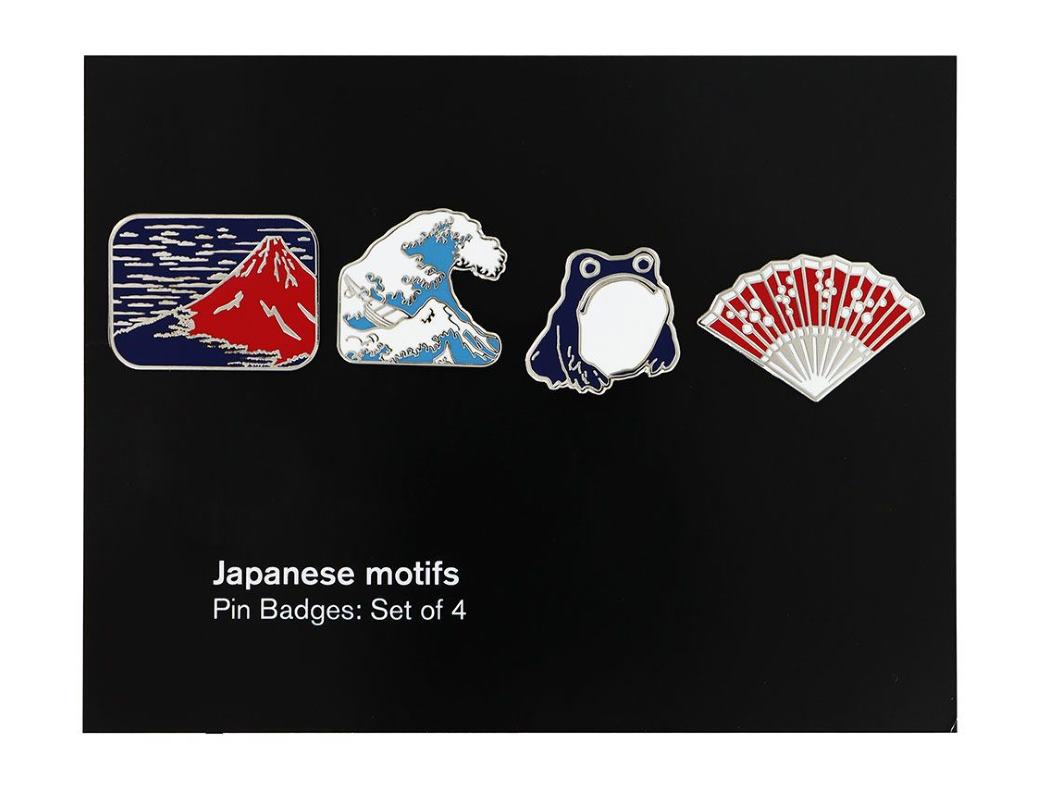 A set of four pin badges inspired by Japanese art