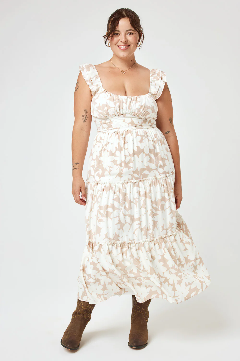 Image of Beige Floral Flutter Sleeve Midi Dress