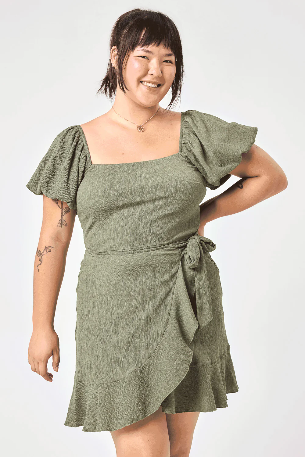 Image of Olive Puff Sleeve Wrap Dress