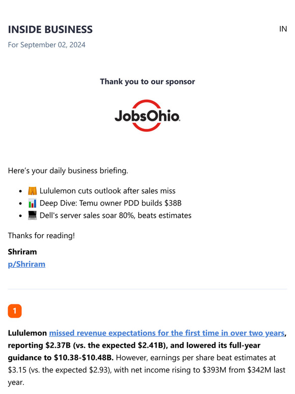 Lululemon cuts outlook after sales miss / Deep Dive: Temu owner PDD builds $38B / Dell's server sales soar 80%, beats estimates