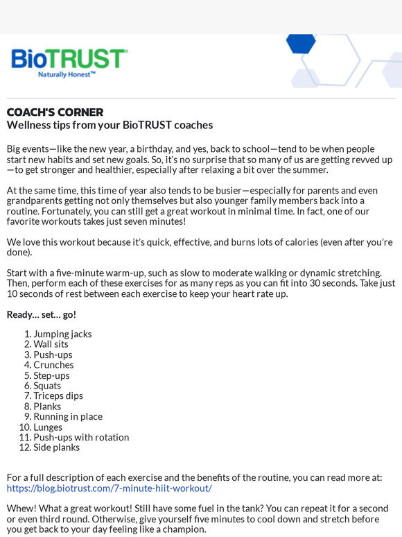 BioTrust: Coach's Corner: Time-Saving Workouts Perfect For “Back To ...