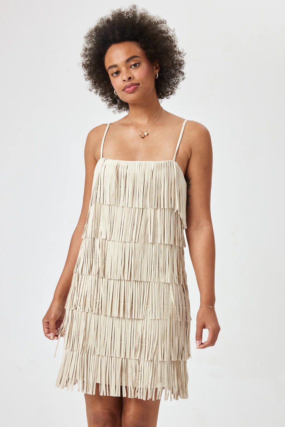 Image of Beige Suede Fringe Dress