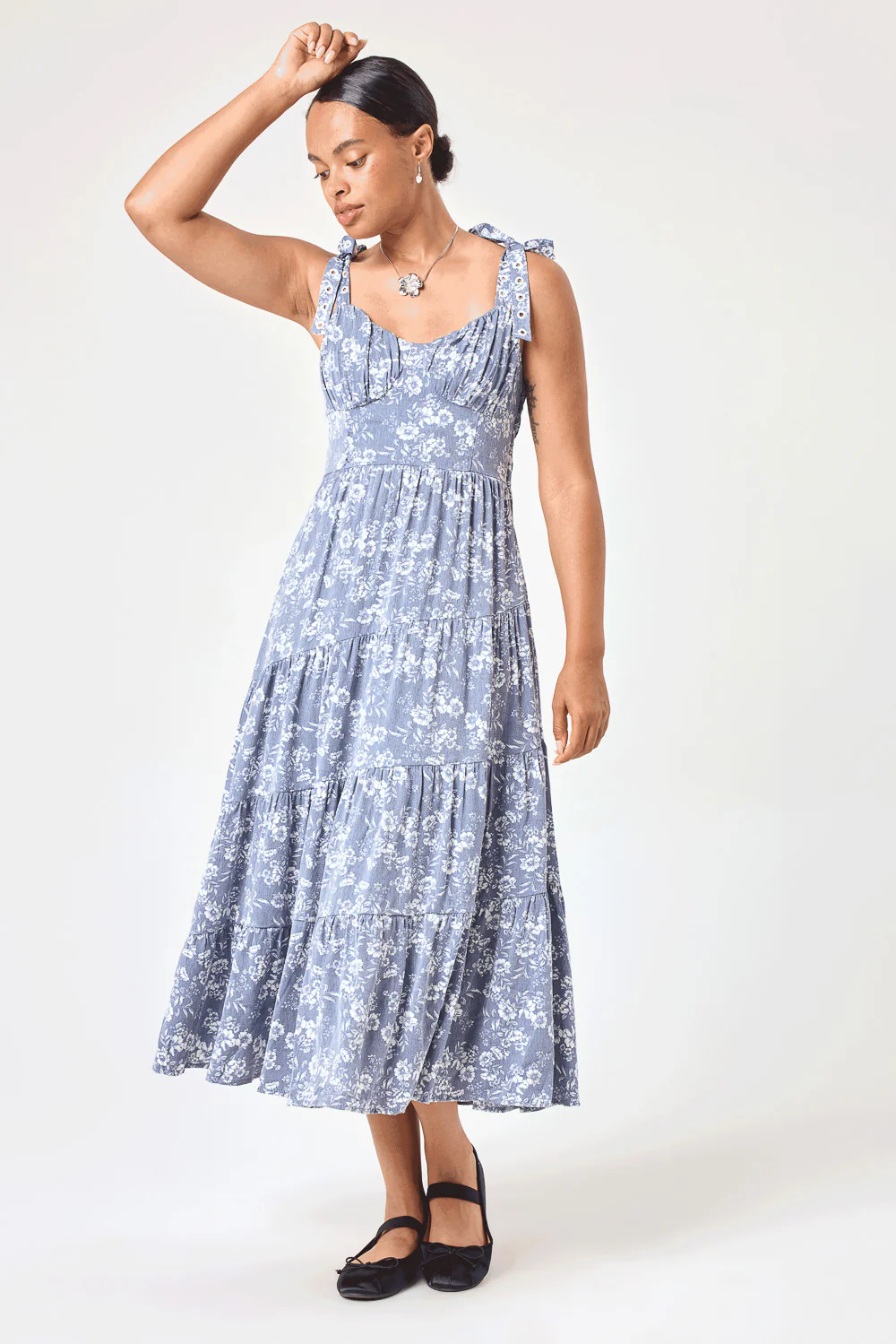 Image of Navy Floral Spiral Midi Dress