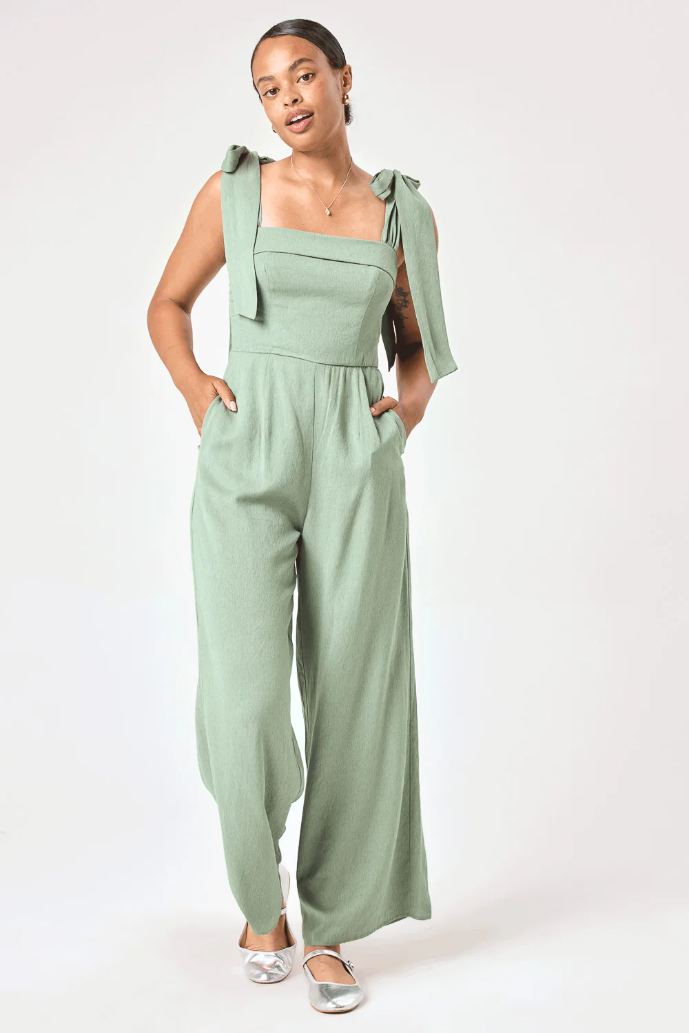 Image of Apple Green Tie Shoulder Jumpsuit
