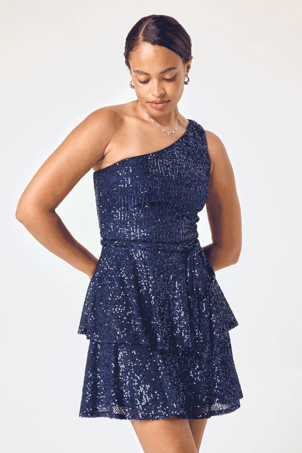 Image of Navy One Shoulder Sequin Tier Dress