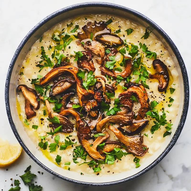 A bowl of oven risotto with crispy mushrooms.