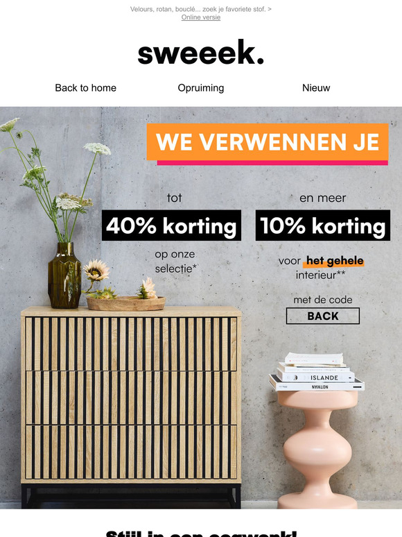 40% korting + nog eens 10% extre korting: een dubbele dosis korting op interieurmeubels!