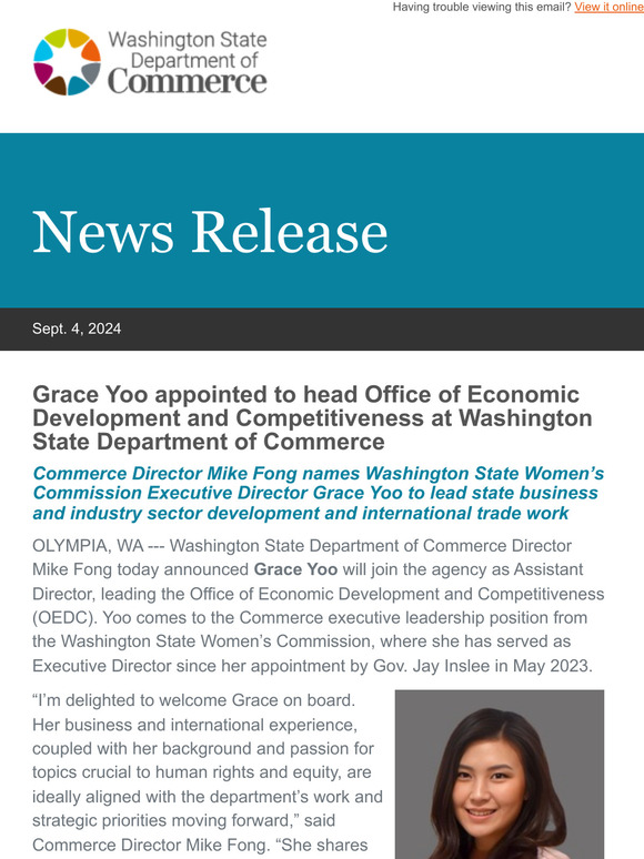Grace Yoo appointed to head Office of Economic Development and Competitiveness at Washington State Department of Commerce