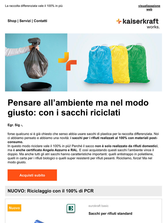 NOVITÀ: riciclare in sacchi riciclati al 100%