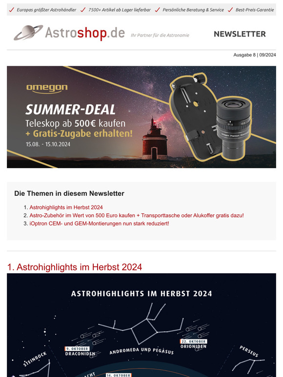 🚀 Gratis-Zugabe sichern | 🍂 Astrohighlights Herbst | 🎯 iOptron Aktion