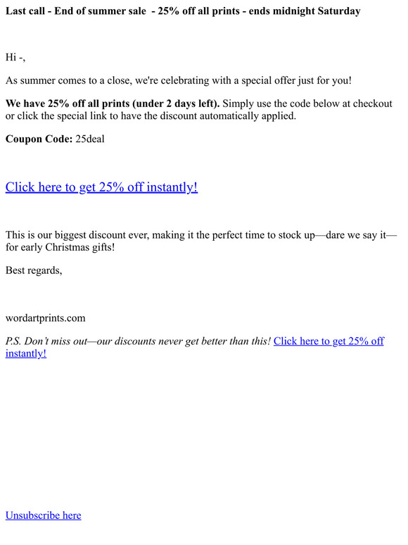 — - Last call - End of summer sale  - 25% off all prints