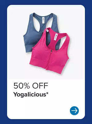 Image of pink and blue sports bras. 50% off Yogalicious.