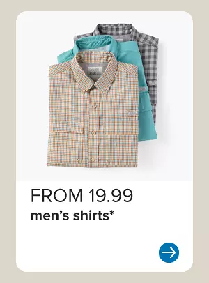Image of various button down shirts. From 19.99 men's shirts.