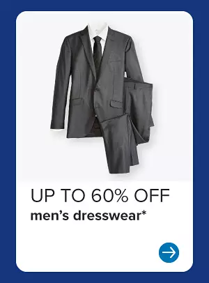 Image of a men's black suit. Up to 60% off men's dresswear.