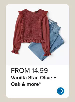 Image of a red top and blue jeans. From 14.99 Vanilla Star, Olive and Oak and more.