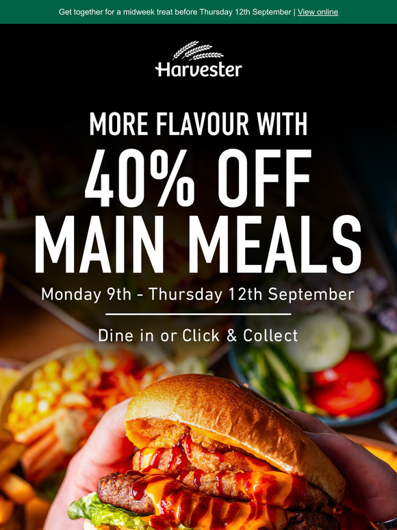 —, here's 40% off dining this week at Harvester