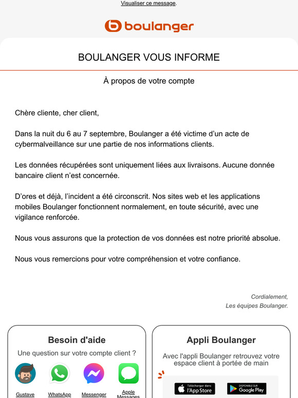 Incident sécurité (résolu) - Données clients Boulanger
