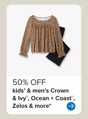 Image of a cheetah print blouse and black pants. 50% off kids' and men's Crown and Ivy, Ocean and Coast, Zelos and more.