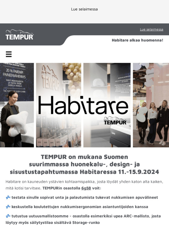 HABITARE ALKAA HUOMENNA! 🛏️ Tempurin osastolta upea goodiebag 10:lle ensimmäiselle - arvo noin 200 € ja koko TEMPUR-valikoima -20 %