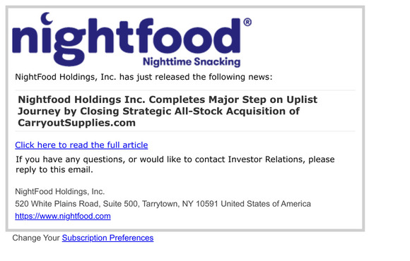 Nightfood Holdings Inc. Completes Major Step on Uplist Journey by Closing Strategic All-Stock Acquisition of CarryoutSupplies.com