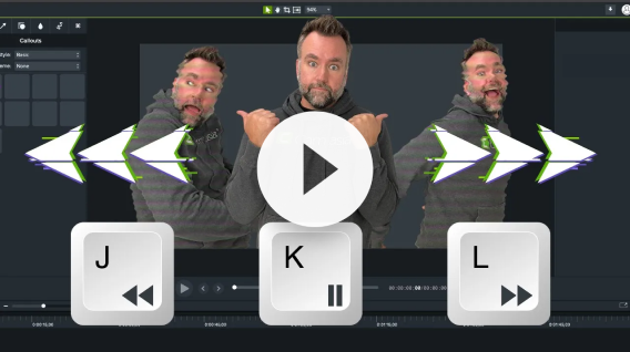 Andy with play buttons indicating going back and going forward with blurred effect.