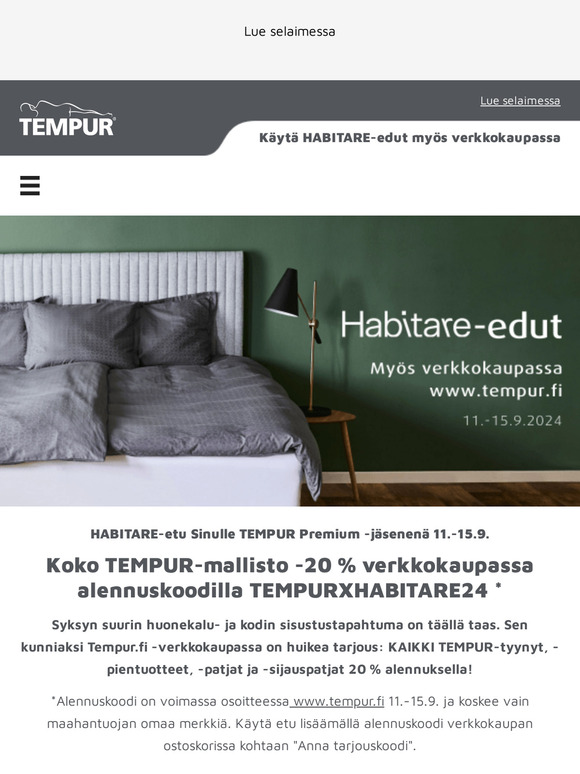KOKO TEMPUR-mallisto -20 %, hyödynnä etusi 15.9. mennessä! | Habitare-edut nyt myös verkkokaupassa 🍃🛏️