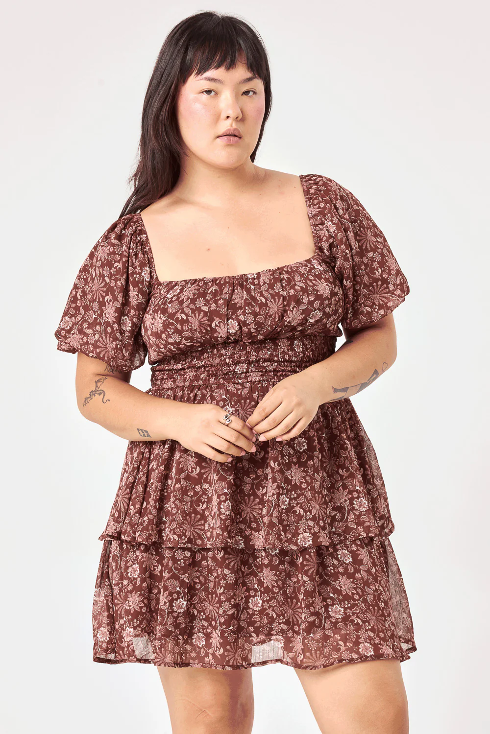 Image of Brown Floral Smocked Waist Tier Dress