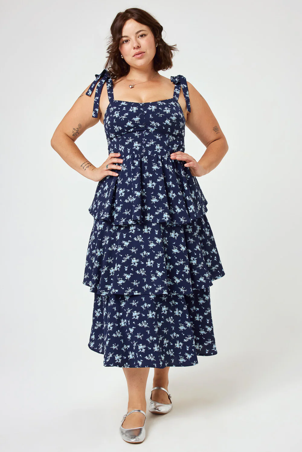 Image of Navy Floral Tie Shoulder Tiered Midi Dress