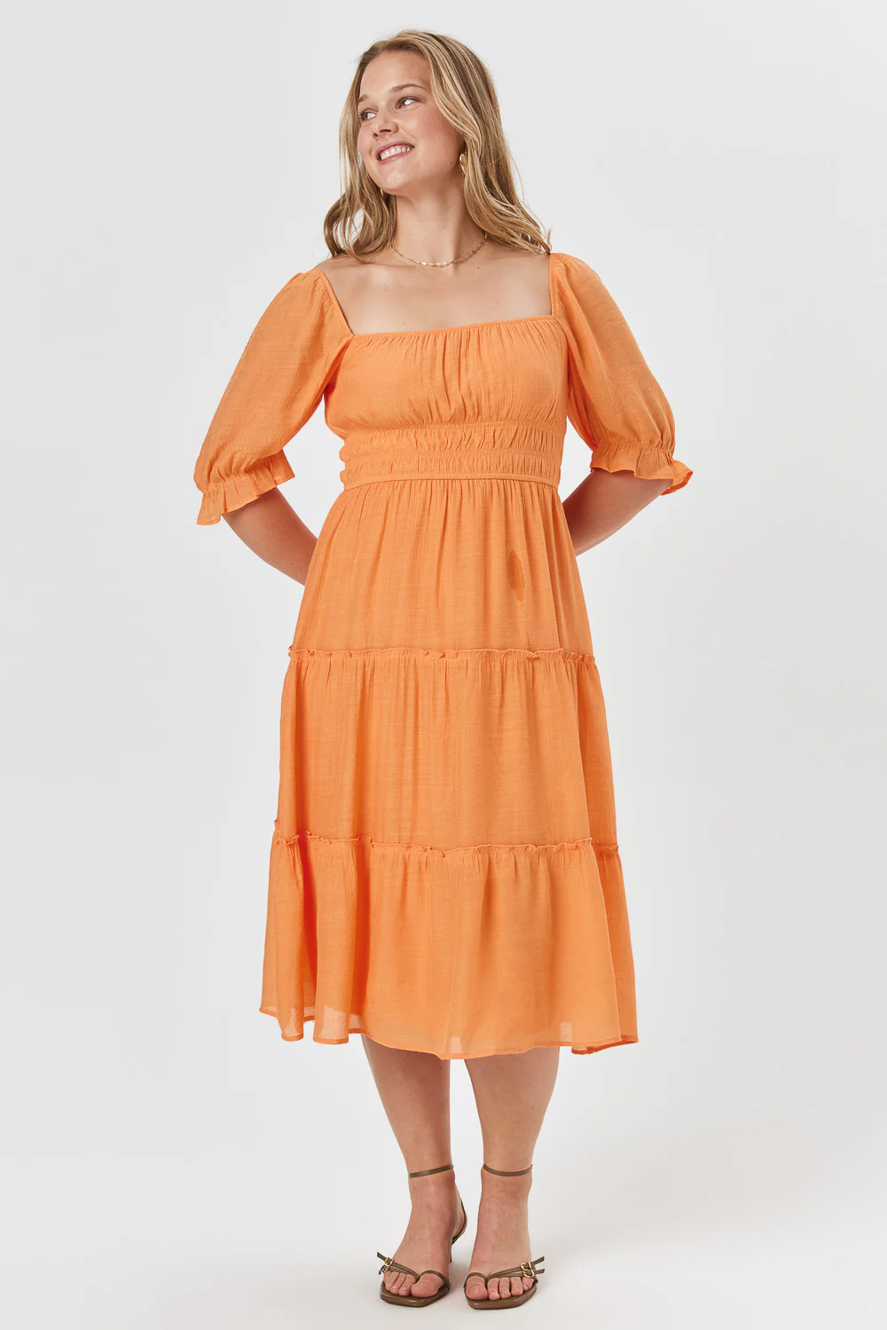 Image of Muskmelon Orange Square Neck Midi Dress