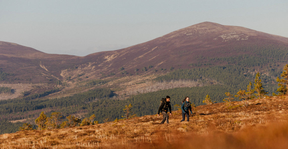 Two hikers walking in autumn-orange hills