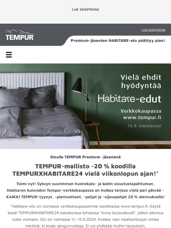 LAST CHANCE: TEMPUR-mallisto -20 % | Premium-jäsentarjous vain 15.9. asti! ⭐