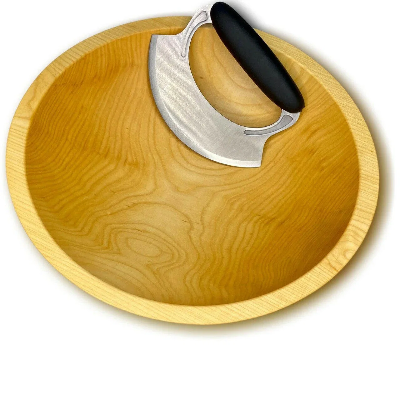 Image of Wooden Salad Chopping Bowl & Mezzaluna, 12", New Upgraded Chef's Mezzaluna