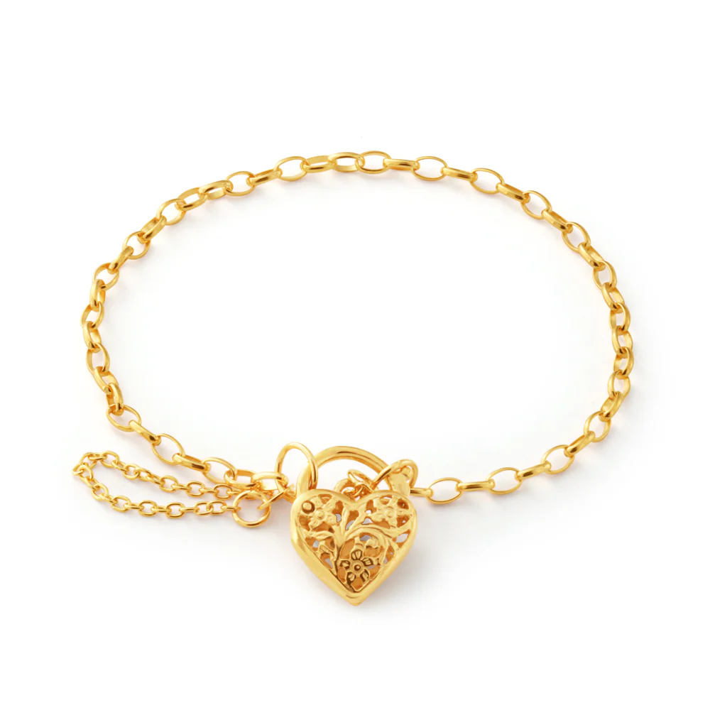 Image of 9ct Yellow Gold 19cm Heart Filigree Padlock Bracelet