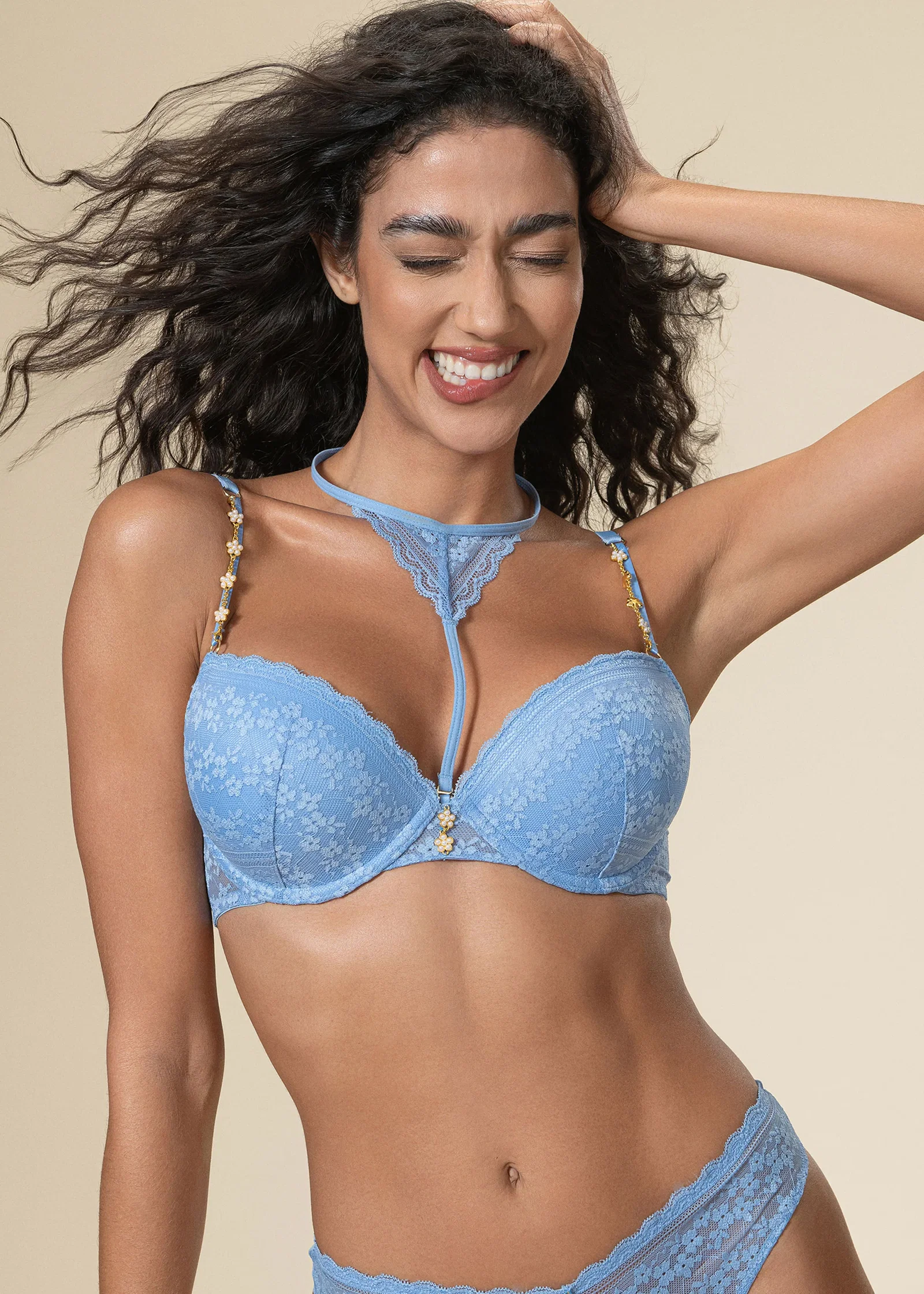 Image of MOLLY Underwired Blue Floral Lace Demi Bra