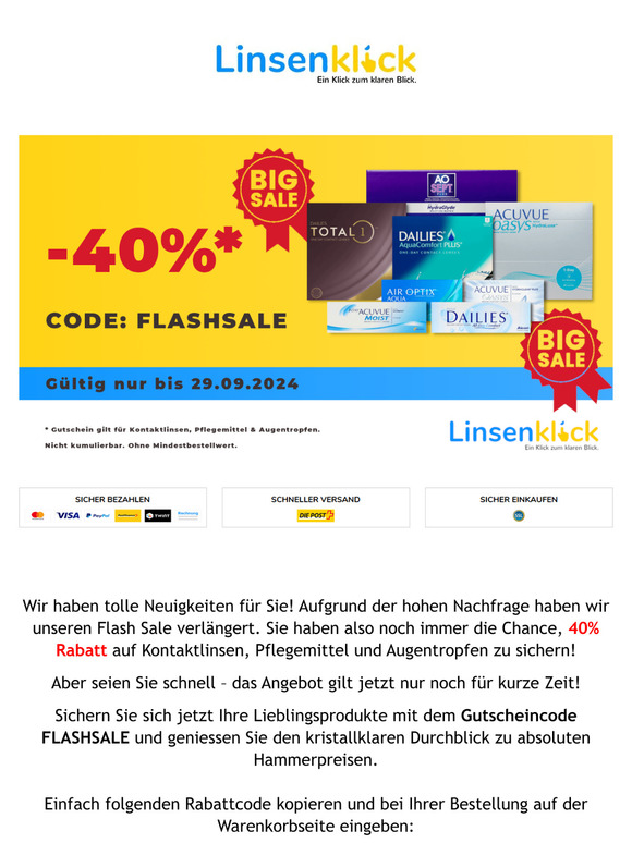 Verlängert: -40% FLASH SALE bei Linsenklick.ch - nur noch für kurze Zeit.