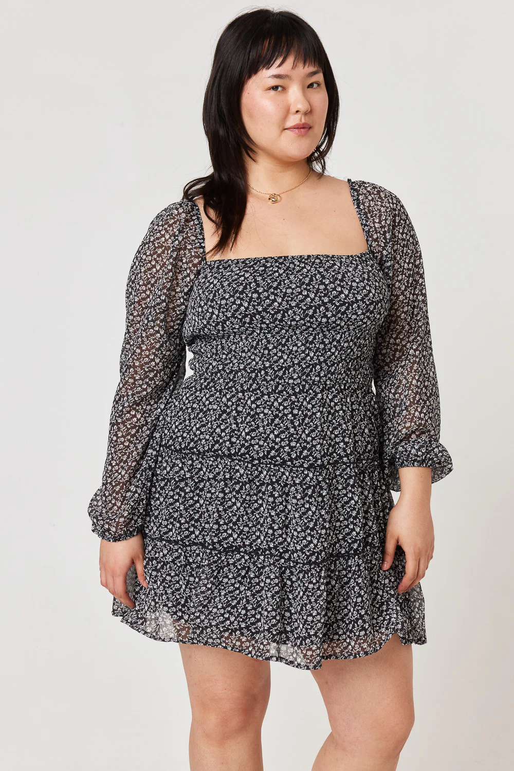Image of Black Floral Long Sleeve Square Neck Fit&Flare Dress