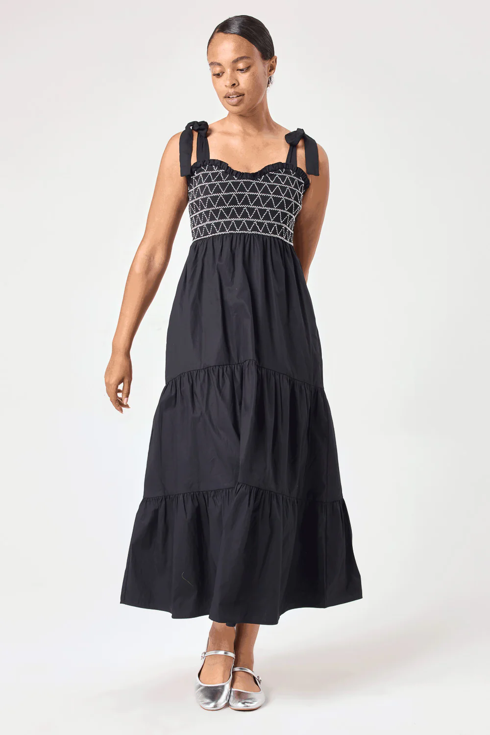 Image of Black Embroidery Poplin Midi Dress