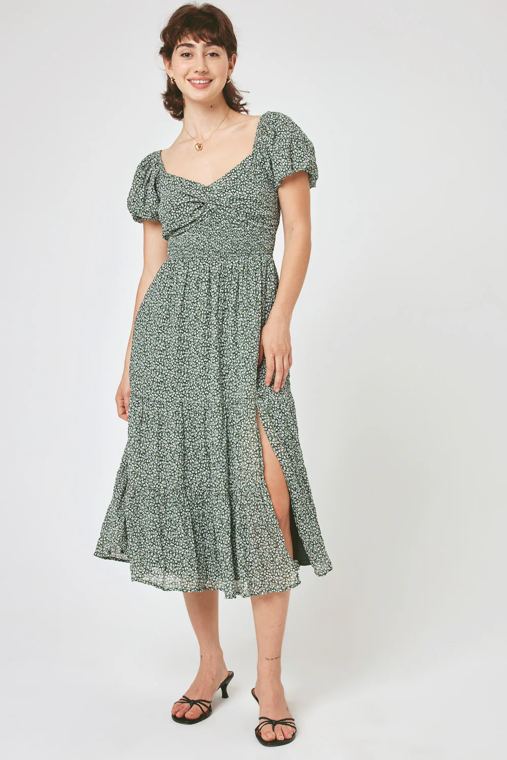 Image of Sage Floral Puff Sleeve Midi Dress