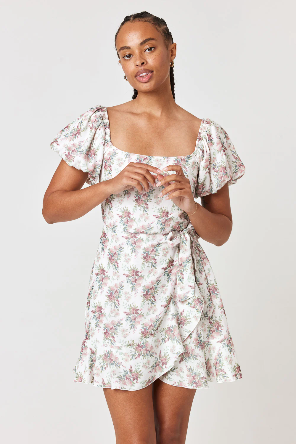 Image of Ivory Rose Floral Puff Sleeve Wrap Dress
